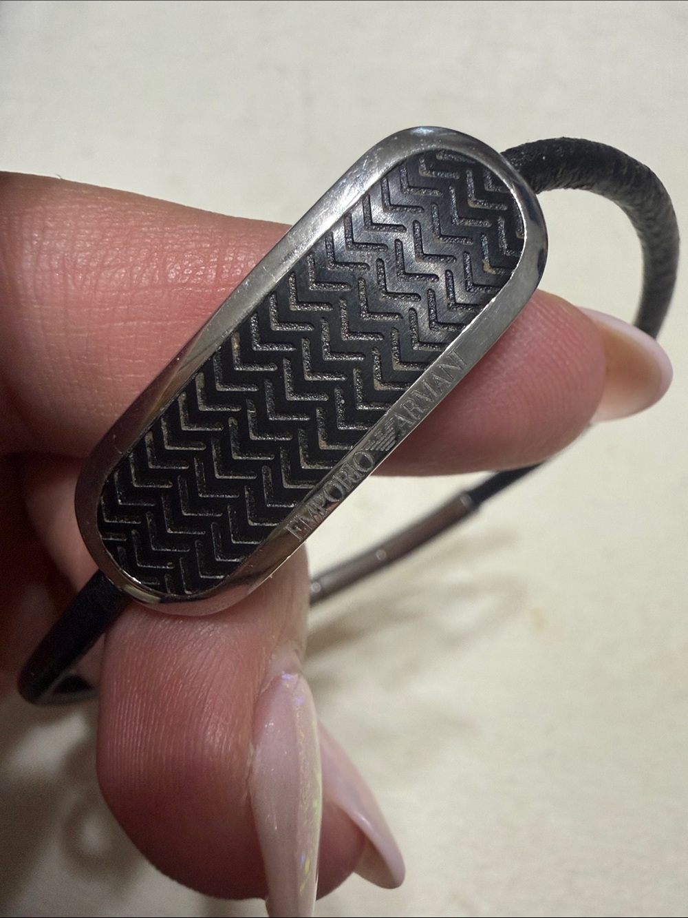 Emporio Armani Black Leather Bracelet with Chevron Stainless Plaque